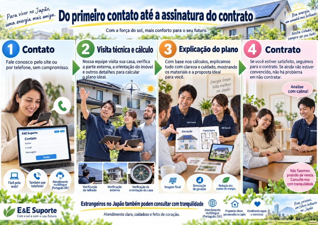 Fluxo da E&E Support: contato, visita técnica, explicação do plano e contrato